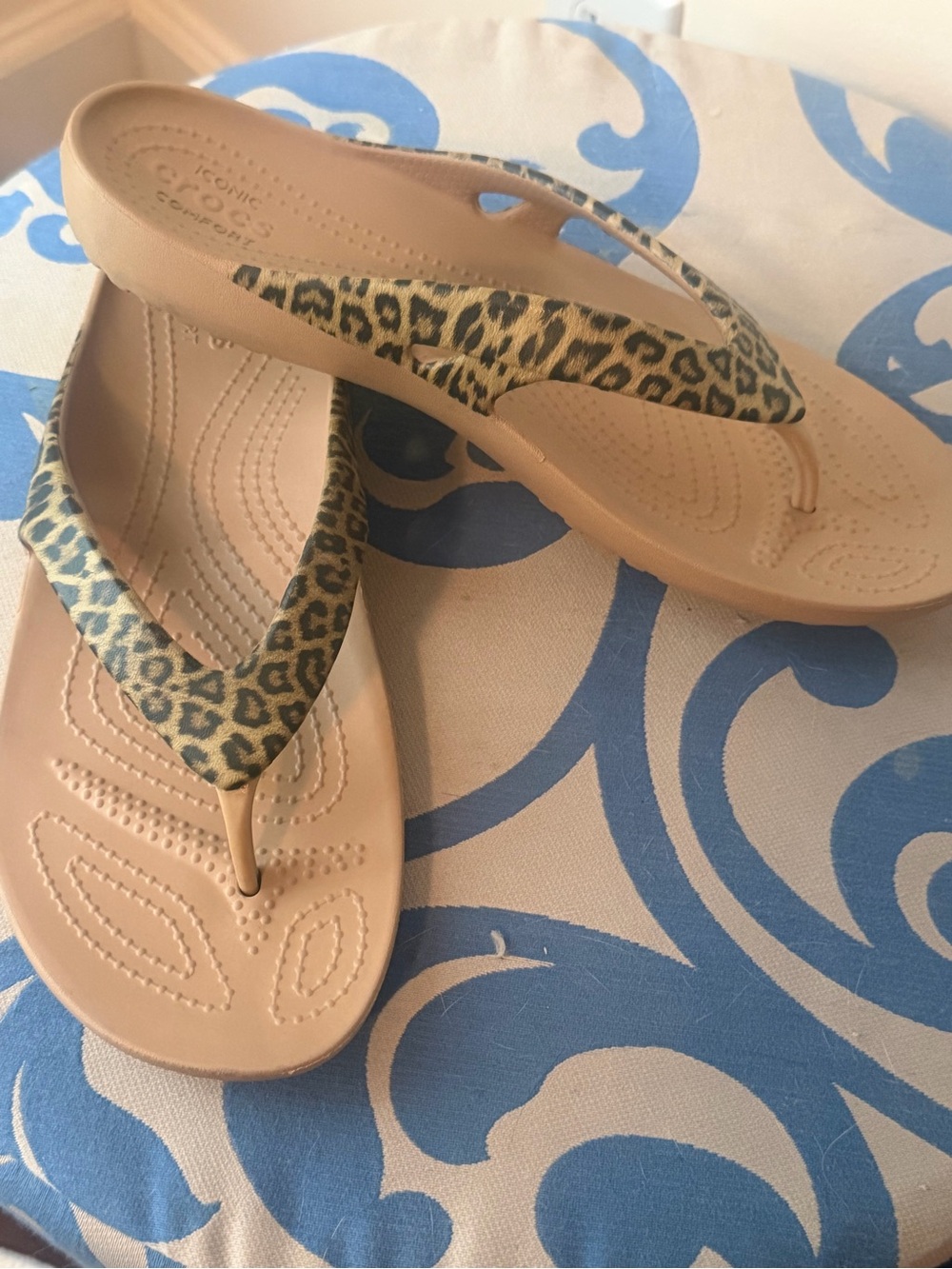 CROCS Leopard-Print Strap Tan Flip Flops
